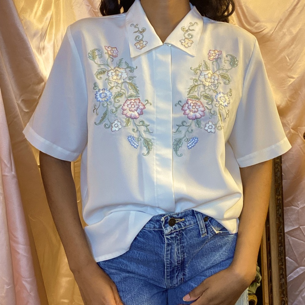 Vintage White Floral Blouse Sz M